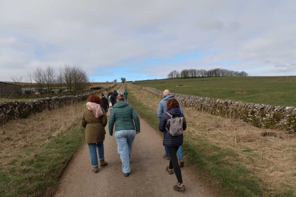 A group of people walking along a rural path with stone walls and a cloudy sky.